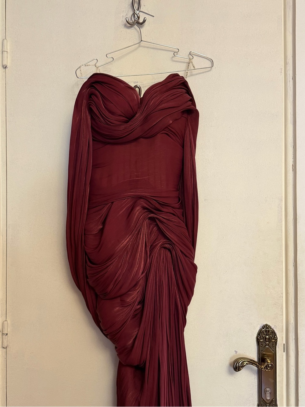 Valdrin Sahiti Burgundy Draped Off-Shoulder Evening Gown - Picture 8 of 10